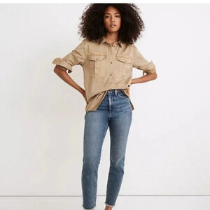 Madewell Pop Over Shirt Utility Military Tunic Oversized Long Line Tan Ash Green